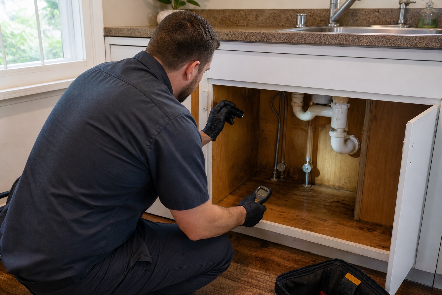 Mold remediation team working inside a contained room with air-control equipment